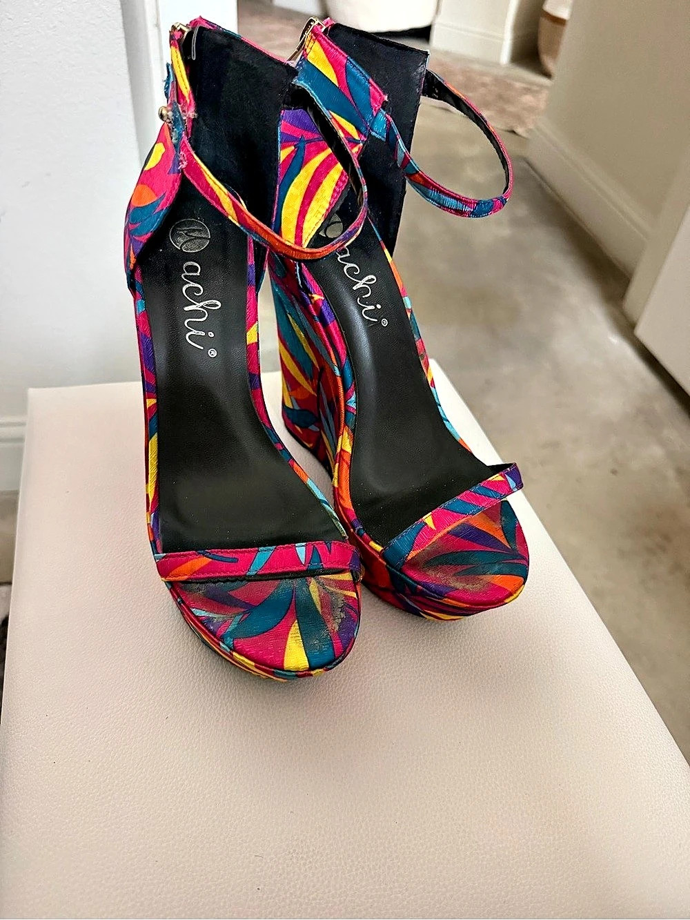 Machi Abstract Print Wedge Sandals in Pink & Blue Like New